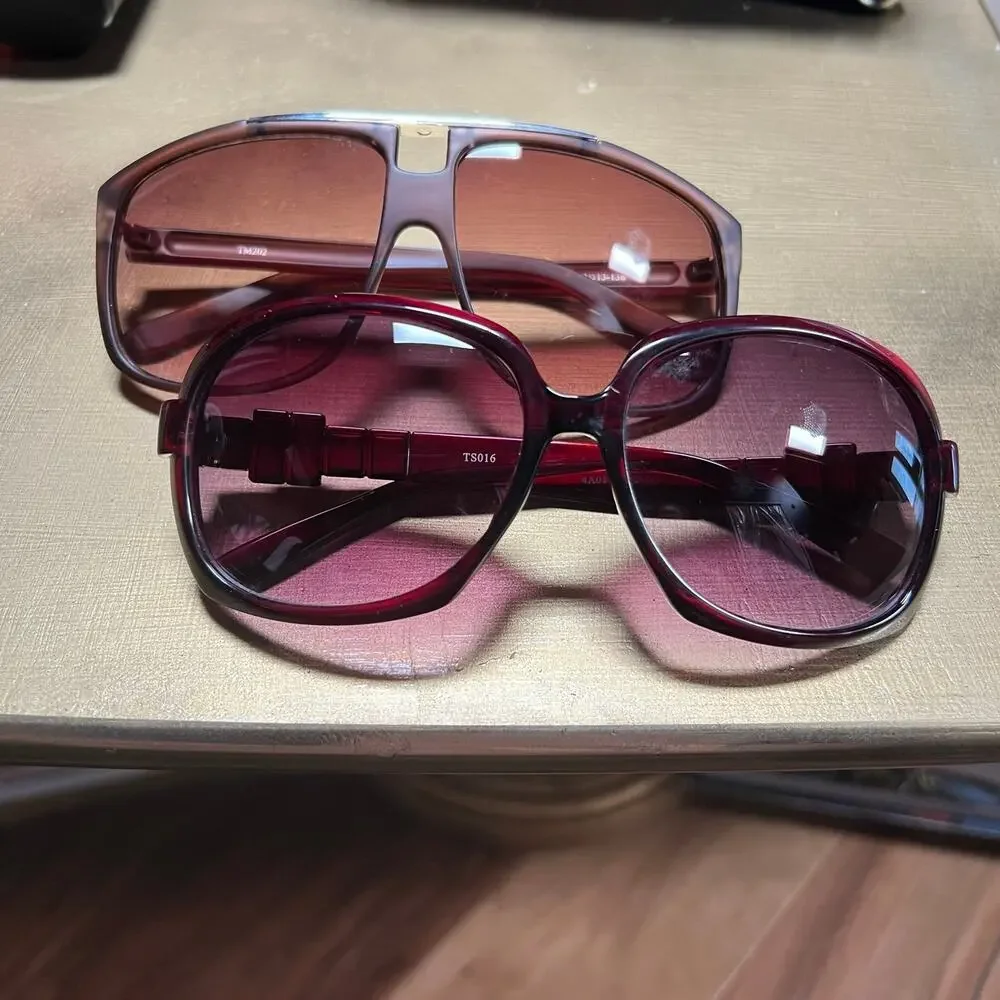 Lot of 2 Fashion Sunglasses Oversized Oval & Square Frames Maroon Brown UV Style